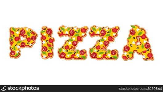 Pizza text. Letters of Appetizing slices of pizza. Lettring of fast food. Typography food. Ingredients for an Italian meal: tomatoes and sausage. Greens and mushrooms. Cheese and olives. Pizza word&#xA;