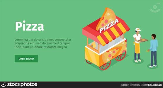 Pizza Trolley in Isometric Projection Style. Vector. Pizza trolley in isometric projection style design icon. Street fast food concept. Food truck with umbrella illustration. Isolated on green background. Mobile shop with cooker and buyer. Vector