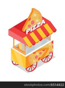 Pizza Trolley Store Isometric Vector Icon.. Pizza cart store on wheels isometric projection flat vector icon isolated on white background. Street fast food eatery with italian snacks. For app, infographics, game environment, web design. Pizza Trolley Store Isometric Vector Icon.