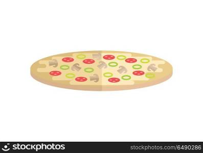 Pizza vector Illustration. Flat style design. Traditional italian pizza with vegetables and mushrooms. Illustration for pizzeria, restaurant ad, logo design, delivery service. isolated on white. . Pizza Vector Illustration in Flat Style Design. . Pizza Vector Illustration in Flat Style Design.