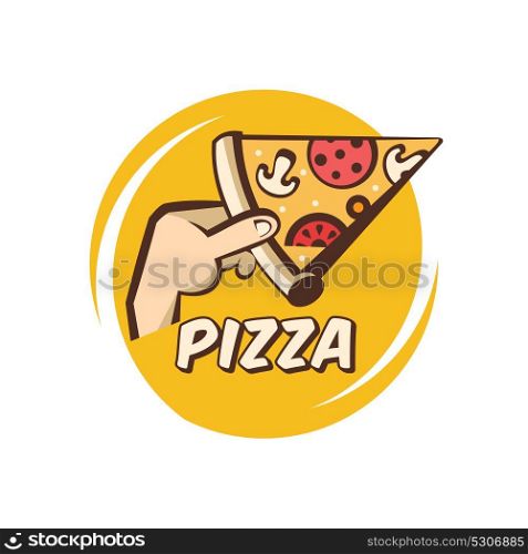 Pizza. Vector logo in a cartoon style. A slice of hot pizza with mushrooms, sausage, tomatoes and cheese in hand.