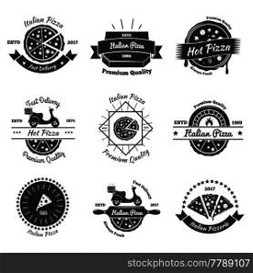 Pizza vintage emblems collection with flat isolated images of italian pizza pieces decorative elements and text vector illustration. Hot Pizza Delivery Emblems