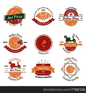 Pizza vintage emblems color set with nine flat isolated images for fast food pizzeria and delivery vector illustration. Italian Pizza Emblems Set
