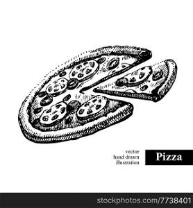 Pizza. Vintage fast food hand drawn sketch illustration. Isolated background. Menu design
