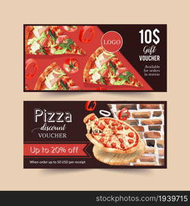 Pizza voucher design with bacon, vegetable, pizza slice water illustration
