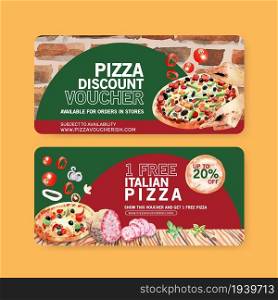 Pizza voucher design with baking, salami, dough water illustration