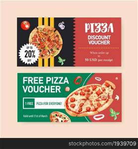 Pizza voucher design with basil, cheese, wild onion water illustration
