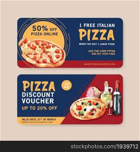 Pizza voucher design with cheese, sausage, olive water illustration