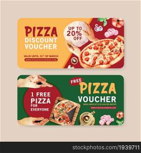 Pizza voucher design with dough, tea pot, tomato water illustration