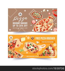 Pizza voucher design with mushroom, cheese, piece water illustration