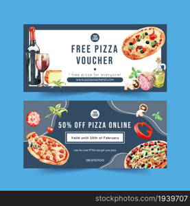 Pizza voucher design with wine, cheese, salami water illustration