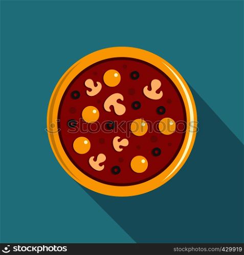 Pizza with egg yolk, olives, mushrooms and tomato sauce icon. Flat illustration of pizza with egg yolk, olives, mushrooms and tomato sauce vector icon for web isolated on baby blue background. Pizza with yolk, olives, mushrooms, tomato icon