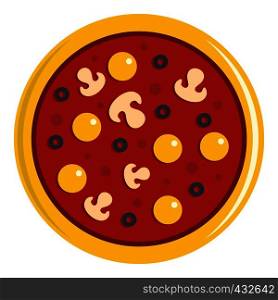 Pizza with egg yolk, olives, mushrooms and tomato sauce icon flat isolated on white background vector illustration. Pizza with yolk, olives, mushrooms, tomato icon