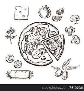 Pizza with ingredients surrounding a sliced pizza and salami, herbs, tomato, cheese, mushrooms and olives. Sketch icons. Pizza with ingredients, sketch objects