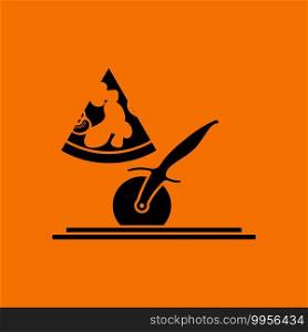 Pizza With Knife Icon. Black on Orange Background. Vector Illustration.