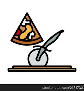 Pizza With Knife Icon. Editable Bold Outline With Color Fill Design. Vector Illustration.
