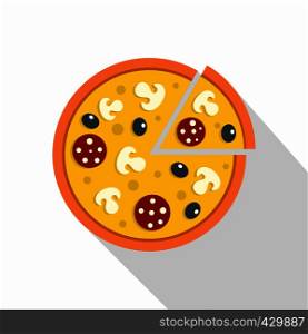 Pizza with mushrooms, salami and olives, lifted slice one icon. Flat illustration of pizza with mushrooms, salami and olives, vector icon for web isolated on white background. Pizza with mushrooms, salami and olives, icon