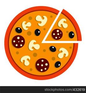 Pizza with mushrooms, salami and olives, lifted slice one icon flat isolated on white background vector illustration. Pizza with mushrooms, salami and olives, icon