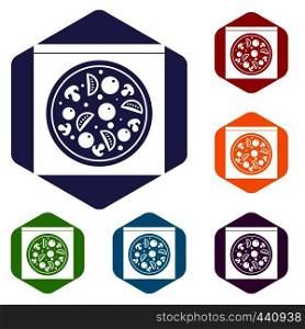 Pizza with salami, mushrooms, tomatoes icons set hexagon isolated vector illustration. Pizza with salami, mushrooms, tomatoes icons set