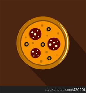 Pizza with sausage and olives icon. Flat illustration of pizza with sausage and olives vector icon for web isolated on coffee background. Pizza with sausage and olives icon, flat style