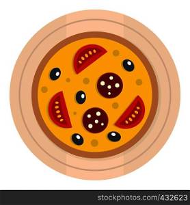 Pizza with sausage, tomatoes and olives on a round board icon flat isolated on white background vector illustration. Pizza with sausage, tomatoes and olives icon