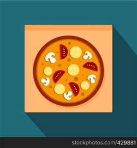 Pizza with sausages, tomatoes and mushrooms icon. Flat illustration of pizza with sausages, tomatoes and mushrooms vector icon for web isolated on baby blue background. Pizza with sausages, tomatoes and mushrooms icon
