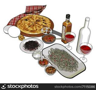 Pizza with spaghetti, illustration, vector on white background.