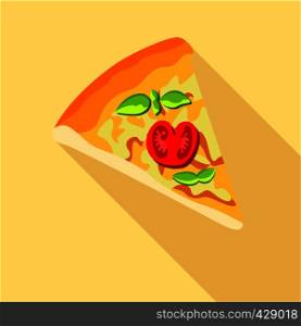 Pizza with tomatoes and basil icon. Flat illustration of pizza with tomatoes and basil vector icon for web. Pizza with tomatoes and basil icon, flat style