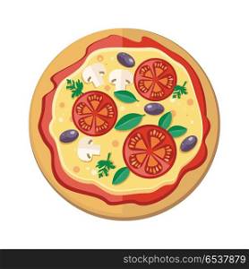 Pizza with Tomatoes, Olives, Mushrooms and Herbs. Pizza with tomatoes, olives, mushrooms and herbs in flat style isolated. Traditional italian pizza with vegetables. Illustration for pizzeria, restaurant ad, logo design, delivery service. Vector