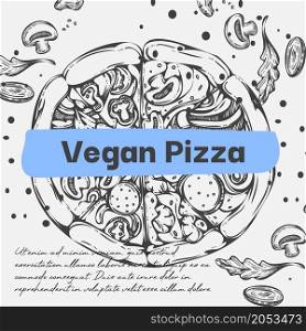 Pizza with vegetables for vegetarians and vegans. Restaurant or cafe menu, shop or store assortment with fillings. Promotional banner or poster with discounts and sales. Vector in flat style. Vegan pizza, restaurant menu or shop store vector