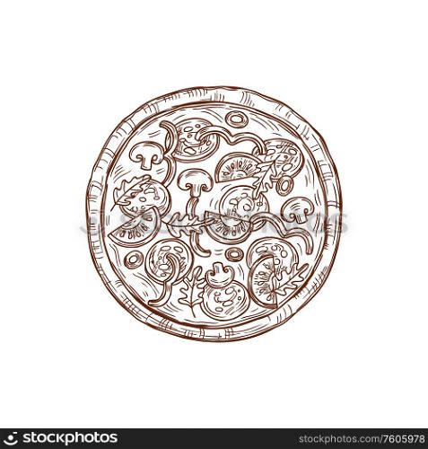 Pizza with vegetables, mushrooms and salami isolated sketch. Vector fastfood snack pepperoni with olives and tomatoes. Pepperoni pizza with mushrooms and tomatoes isolated