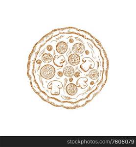 Pizza with vegetables, mushrooms and salami isolated sketch. Vector fastfood snack pepperoni with olives and tomatoes. Pepperoni pizza with mushrooms and tomatoes isolated