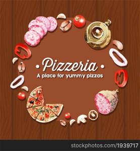 Pizza wreath design with sweet pepper, tea pot, salami watercolor illustration