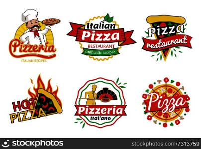 Pizzeria and pizza restaurant set, authentic recipes and hot pizza, pizzeria logos, emblems and label vector illustration isolated on white background. Pizzeria and Pizza Restaurant Vector Illustration