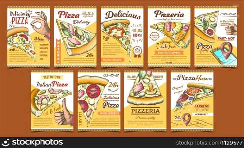 Pizzeria Collection Different Posters Set Vector. Slice Cheese Pizza With Ingredients Mushroom And Shrimp Prawn, Tomatoes, Onion And Hand Gestures On Pizzeria Banner Concept Color Illustrations. Pizzeria Collection Different Posters Set Vector