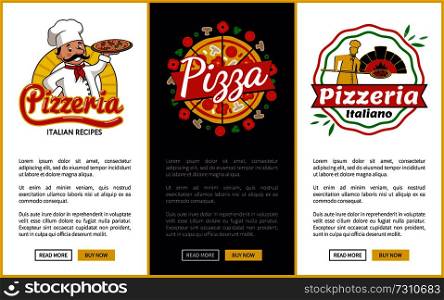 Pizzeria collection of web pages with logotypes, pizzeria and pizza signs, sites with editable text sample and buttons isolated on vector illustration. Pizzeria Collection of Web Vector Illustration