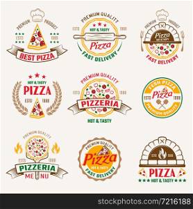 Pizzeria colored emblems with oven and utensils product quality letterings wheat and stars isolated vector illustration. Pizzeria Colored Emblems