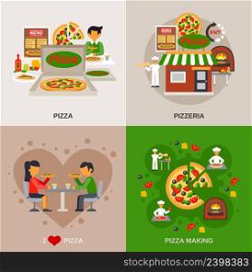 Pizzeria concept icons set with cooking date in a cafe and packaging flat isolated vector illustration . Pizzeria Concept Icons Set