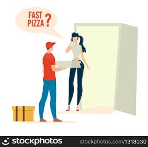 Pizzeria Delivery Service, Fast Food Cafe Deliveryman Work Trendy Flat Vector Concept with Woman, Female Client Calling to Buy Pizza, Courier Immediately Delivering Order to Clients Door Illustration