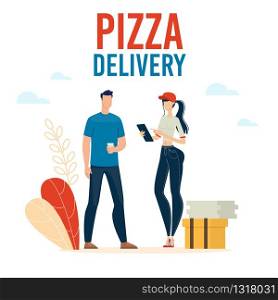 Pizzeria Delivery Service Trendy Flat Vector Advertising Banner, Promo Poster Template with Female Courier in Uniform, Checking Delivery Address on Tablet, Giving Pizza to Male Client Illustration