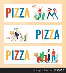 Pizzeria, Fast Food Cafe or Restaurant Trendy Flat Vector Horizontal Advertising Banners, Promotion Posters Templates Set with Deliveryman, Courier Girl Delivering Pizza Orders to Clients Illustration