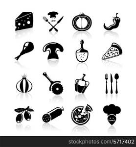 Pizzeria food icons black set with pizza slice pepper mushrooms onion isolated vector illustration