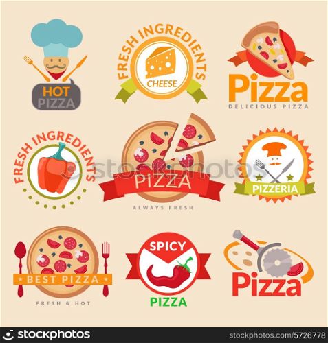 Pizzeria hot pizza fresh ingredients spicy delicious food label set isolated vector illustration
