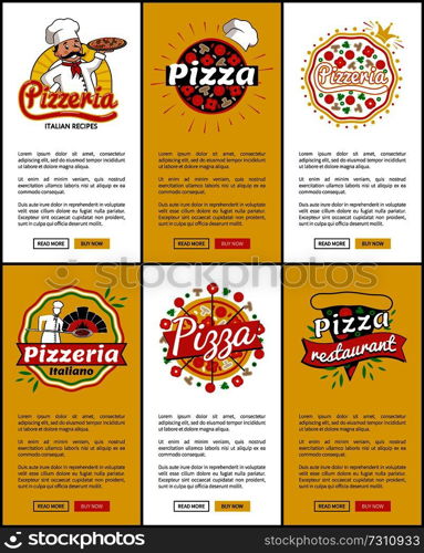 Pizzeria Italian recipes, pizza restaurant, web sites collection with text and letterings, logotypes of pizza houses, isolated on vector illustration. Pizzeria Italian Recipes Web Vector Illustration
