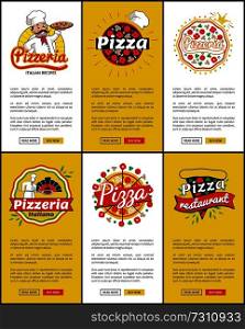 Pizzeria Italian recipes, pizza restaurant, web sites collection with text and letterings, logotypes of pizza houses, isolated on vector illustration. Pizzeria Italian Recipes Web Vector Illustration