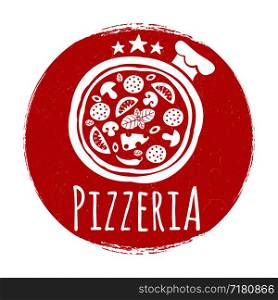 Pizzeria label design on grunge banner isolated on white. Vector illustration. Pizzeria label design on grunge banner