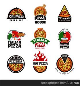 Pizzeria logo. Italian pizza ingredients restaurant cook trattoria lunch colored vector labels or badges. Italian food logo for restaurant pizzeria illustration. Pizzeria logo. Italian pizza ingredients restaurant cook trattoria lunch colored vector labels or badges