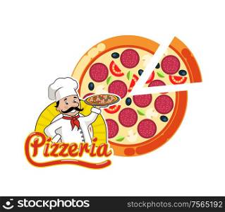 Pizzeria logo vector, cut pizza, Italian dish sliced. Isolated logotype of chef holding prepared meal with salami, olives and tomatoes, parsley and greenery. Pizzeria Logo Pizza Italian Dish Slice and Chef