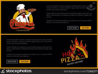 Pizzeria online delivery service promo pages set. Promotional emblems with chef and pizza on Internet banners with sample texts vector illustrations. Pizzeria Online Delivery Service Promo Pages Set