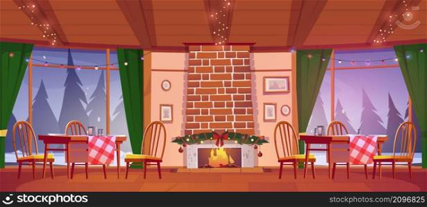 Pizzeria or family cafe with Christmas decor, burning fireplace, garlands and wide windows with winter forest landscape. Cafeteria with rustic wooden tables and chairs, Cartoon vector illustration. Pizzeria or cozy family cafe with Christmas decor